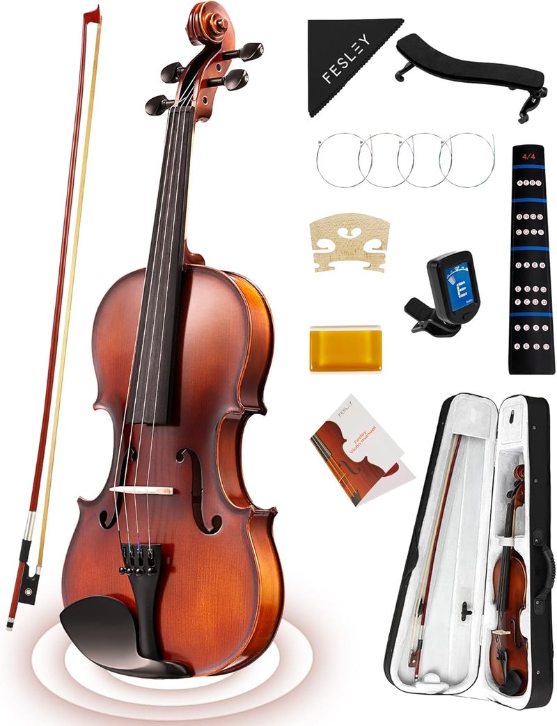 Fesley Violin Fiddle Full Set: 4/4 Matt Violin Kit for Beginners, Acoustic Violin with Hard Case, Solidwood Hand Made Starter Kit with Bow, Rosin, Shoulder Rest, Tuner, Extra Strings - Image 1